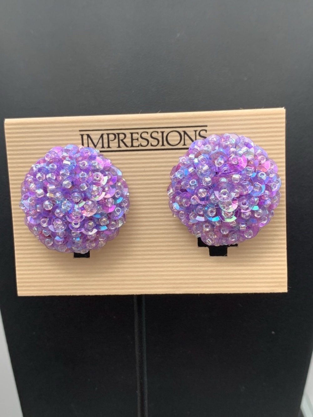 Vintage NOS Impressions iridescent Purple Sequin & bead Cluster Clip-On Earrings